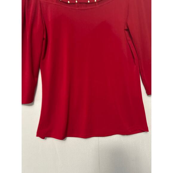 Notations Red 3/4 Sleeve Embellished Scoop Neck Mesh Insert Blouse Size Medium - Picture 3 of 10